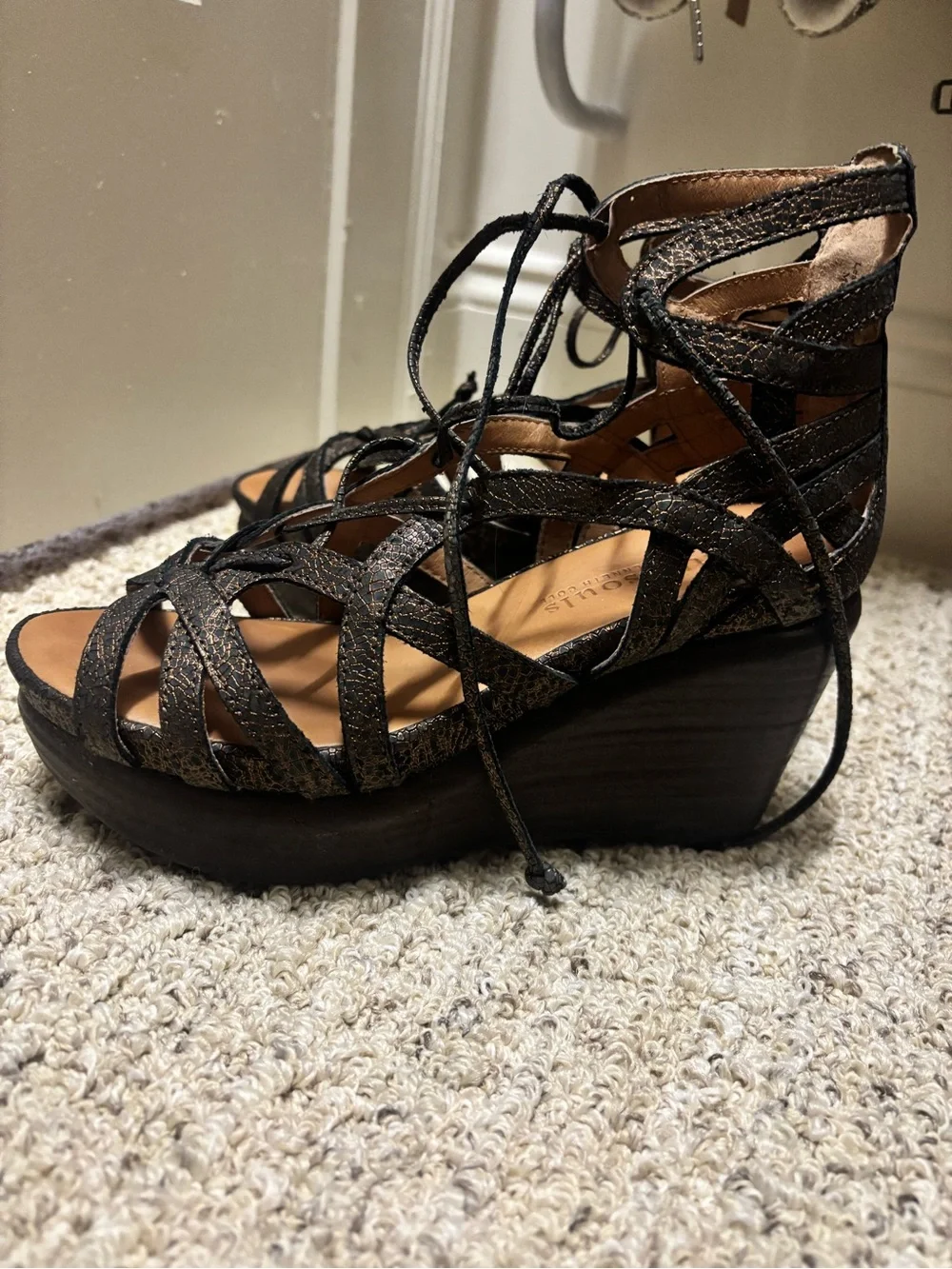 gentle souls Black Lace-Up Wedge Sandals